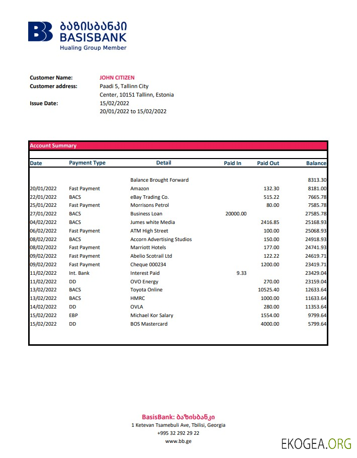 Relevé de la Georgia Basis Bank xls